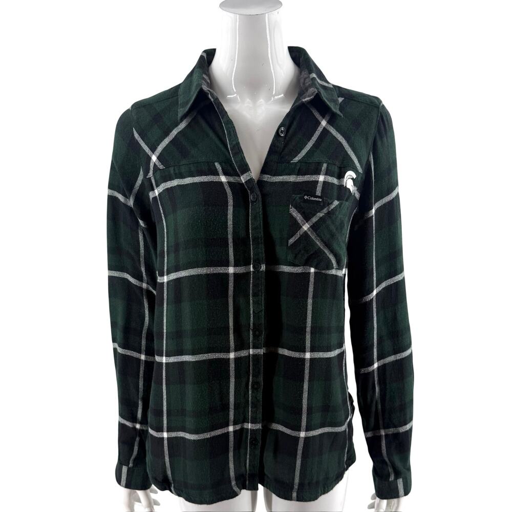 Columbia Womens Flannel Shirt Top Sz Medium Green Plaid Michigan State Spartans